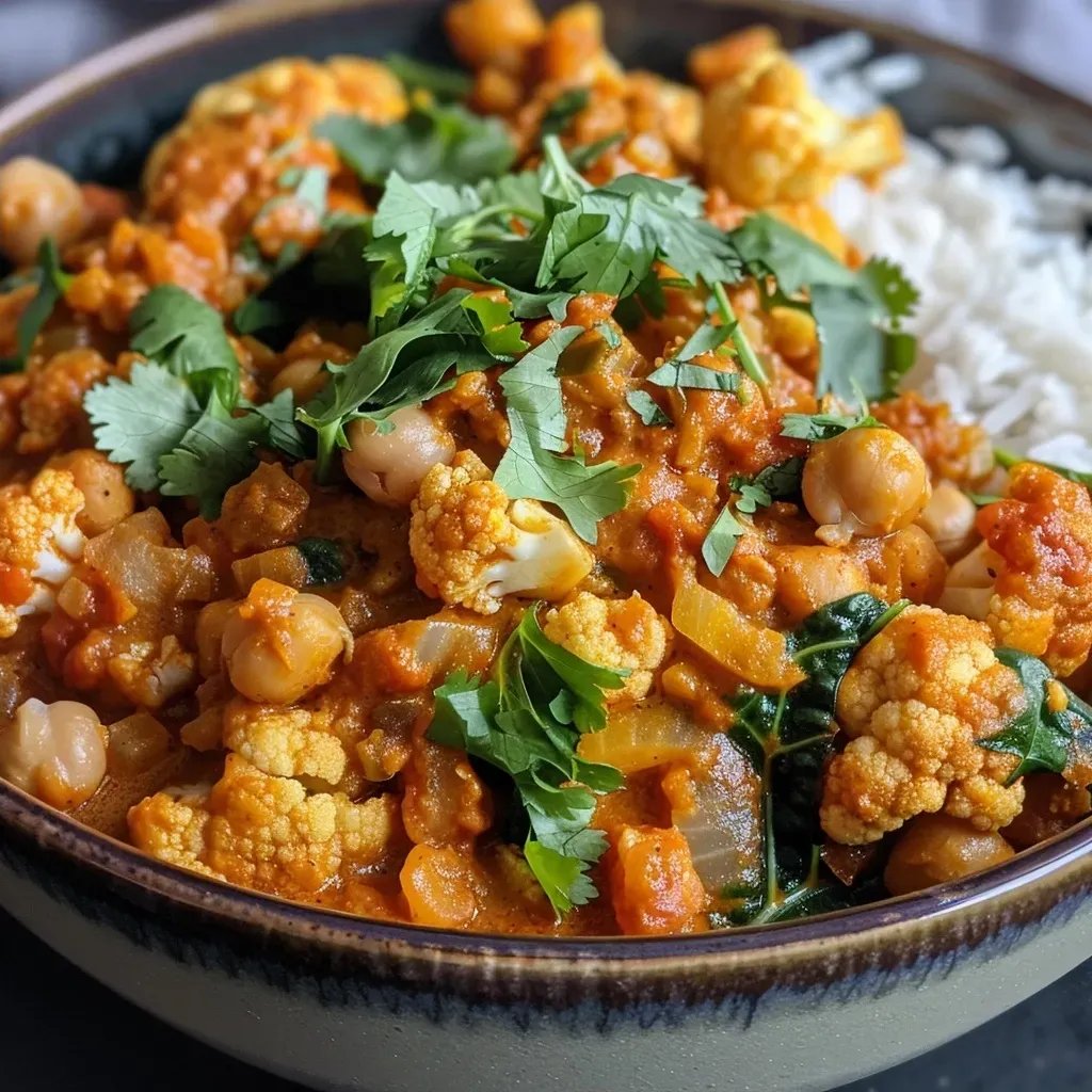 Close-up of a creamy cauliflower curry with chickpeas and kale, garnished with cilantro.
