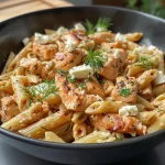 Close-up view of a bowl filled with Feta Lachs One Pot Pasta, showcasing creamy sauce and fresh ingredients.