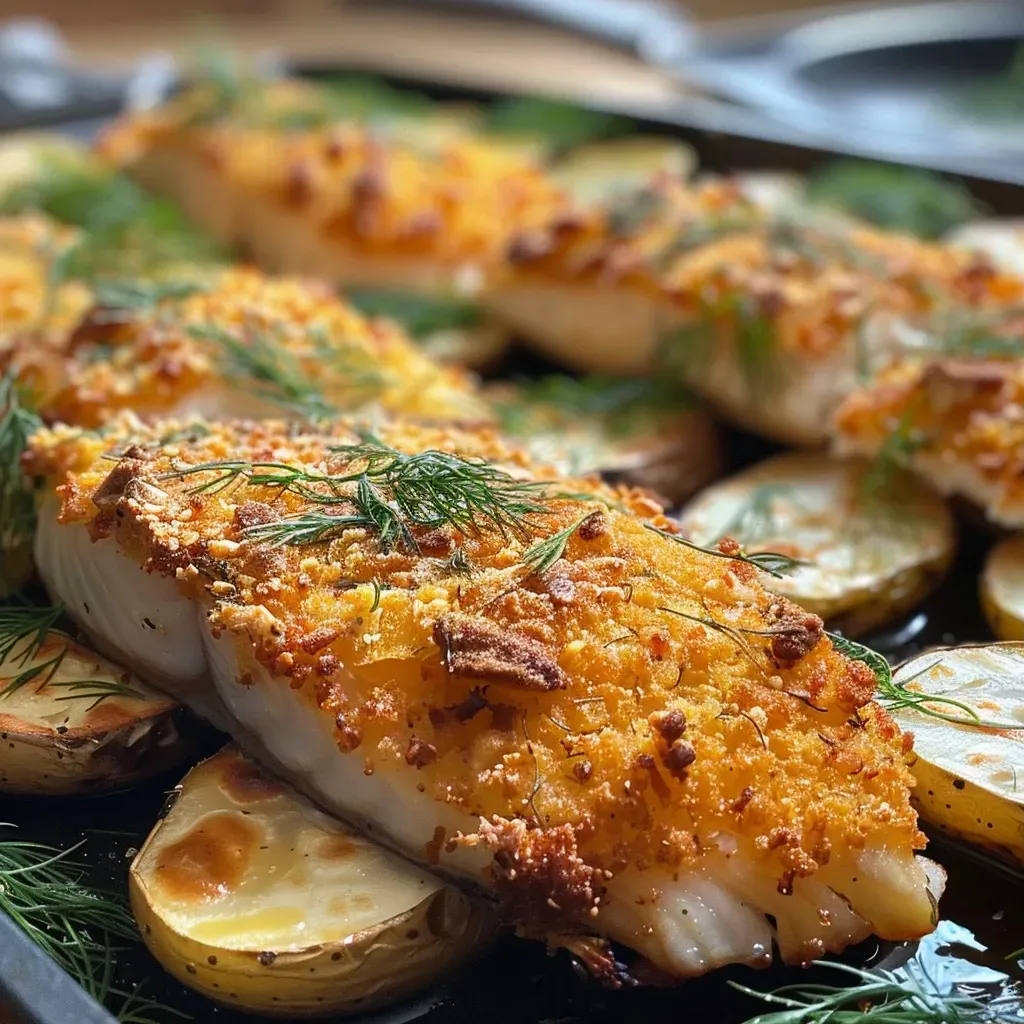 Close-up side view of a golden brown Fischstäbchen Auflauf with layers of potatoes and green peas.