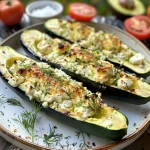 Close-up view of stuffed zucchini with feta and fresh herbs.