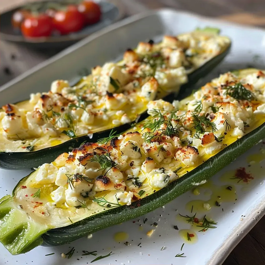 Side view of juicy, baked zucchini filled with feta cheese and diced tomatoes.