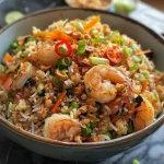 A close-up view of healthy nasi goreng with prawns and colorful vegetables.