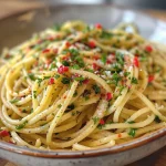 Close-up view of Healthy Pasta Aglio Olio with minced garlic and red chili peppers.
