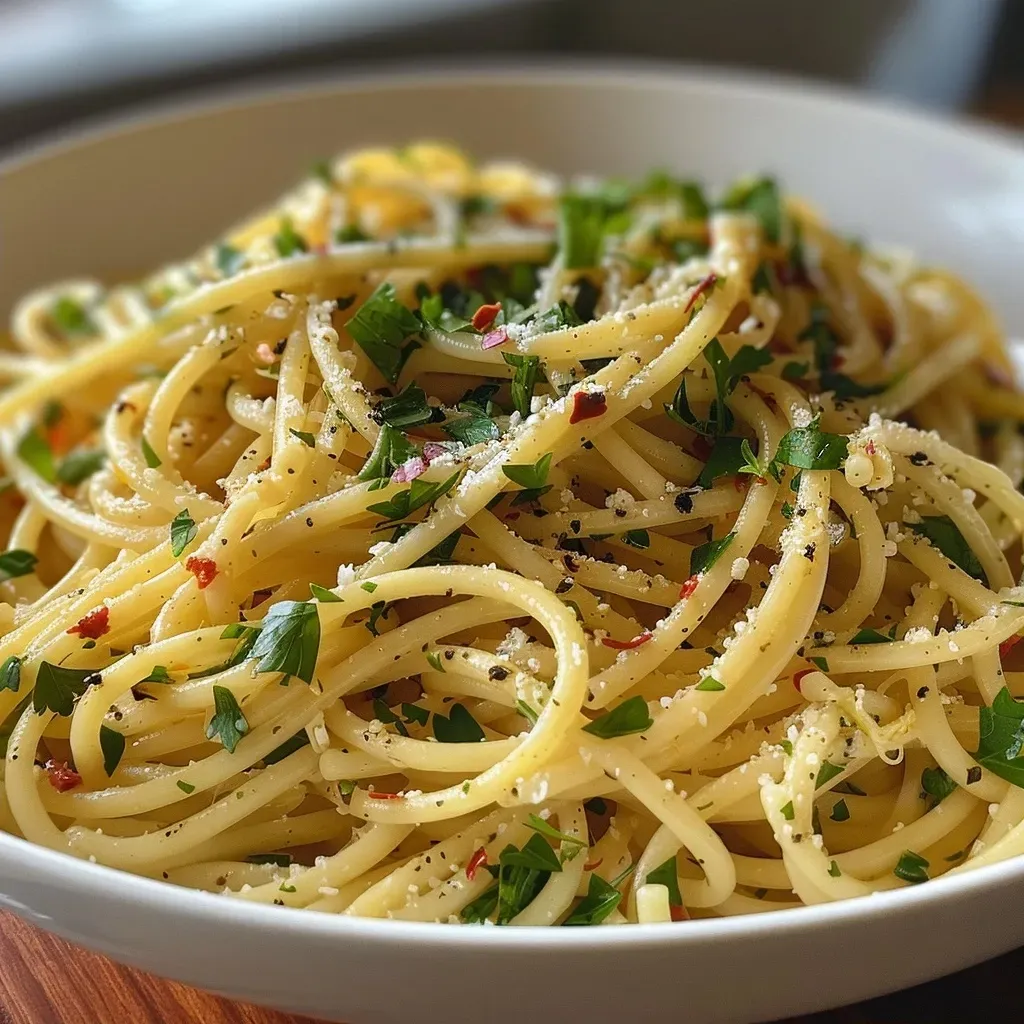 Side angle of a plate of healthy Pasta Aglio Olio garnished with parsley.