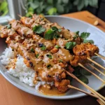 Close-up view of juicy chicken satay skewers with peanut sauce drizzled over.