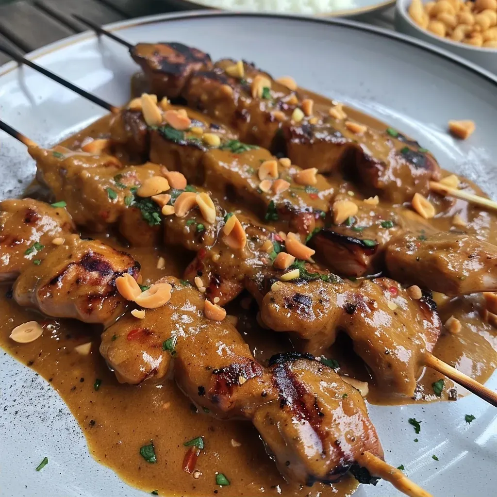 Side angle photo of grilled chicken skewers served with a rich peanut sauce.