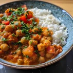 Close-up of a vibrant Kichererbsen-Curry in a bowl, featuring chickpeas and spices.