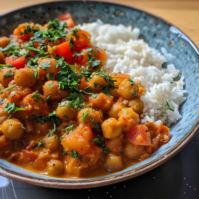 Close-up of a vibrant Kichererbsen-Curry in a bowl, featuring chickpeas and spices.