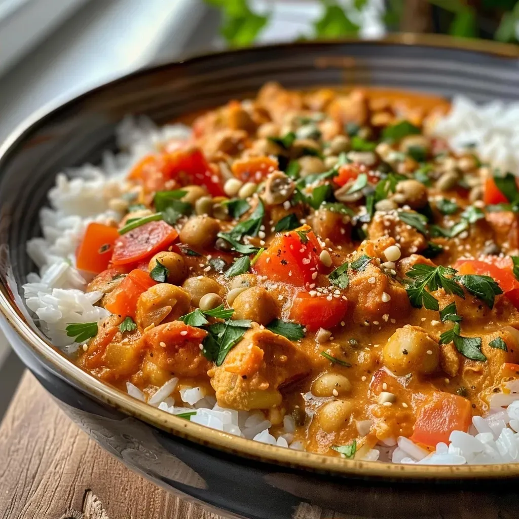 Side view of a delicious bowl of Kichererbsen-Curry with rich colors and textures.