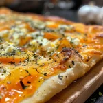 Close-up view of a delicious Kürbis Flammkuchen topped with Feta cheese.