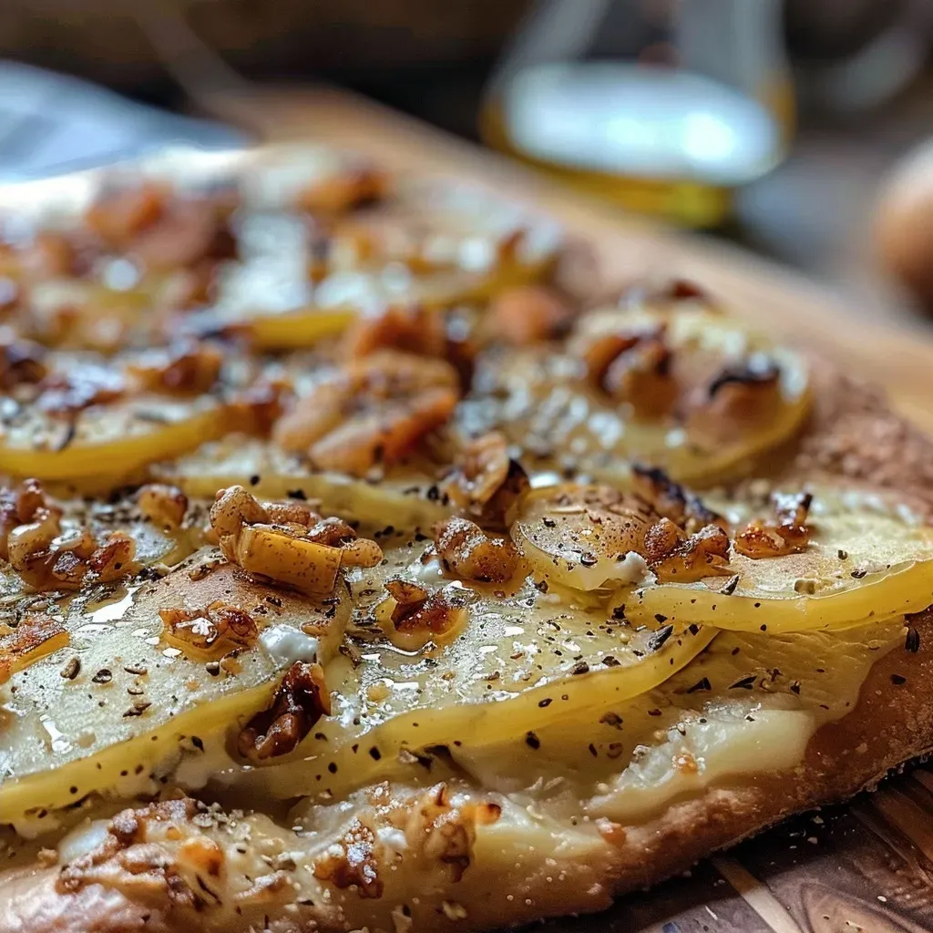Juicy Kürbis Flammkuchen with a crispy crust and melting Feta, side view.