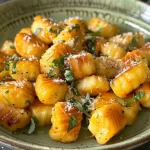 Close-up of baked Kürbis Gnocchi topped with crumbled feta cheese.