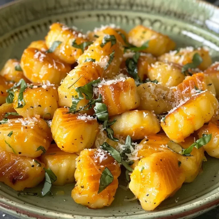 Herbstliche Kürbis-Gnocchi mit Feta: Ein Genuss aus dem Ofen Close-up of baked Kürbis Gnocchi topped with crumbled feta cheese.