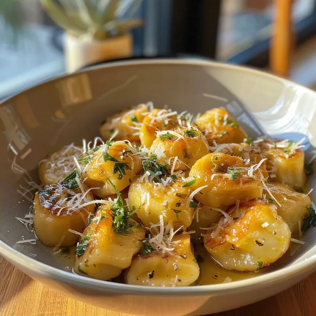 Juicy Kürbis Gnocchi served in a dish, garnished with herbs and feta.