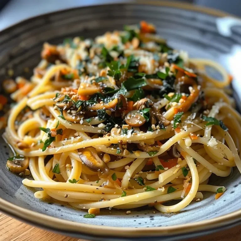 A close-up side view of a bowl of Kürbis-Salbei-Pasta, showcasing vibrant orange pumpkin pieces and green sage leaves.