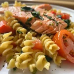 A close-up side view of Lachs Pasta Auflauf, showcasing its layers and ingredients.