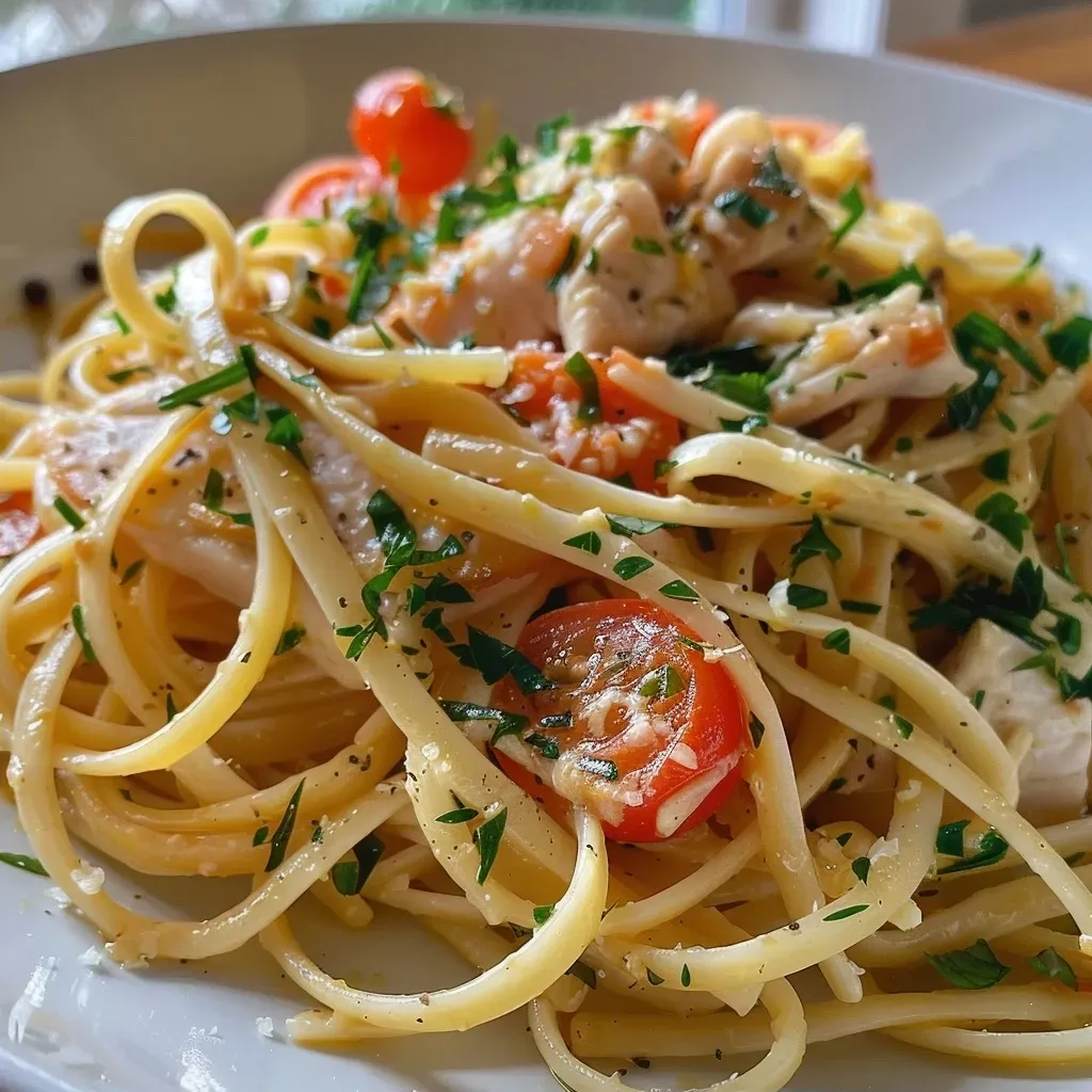 Side view of a delicious serving of Linguine mit Thunfisch, capturing the rich colors and textures.