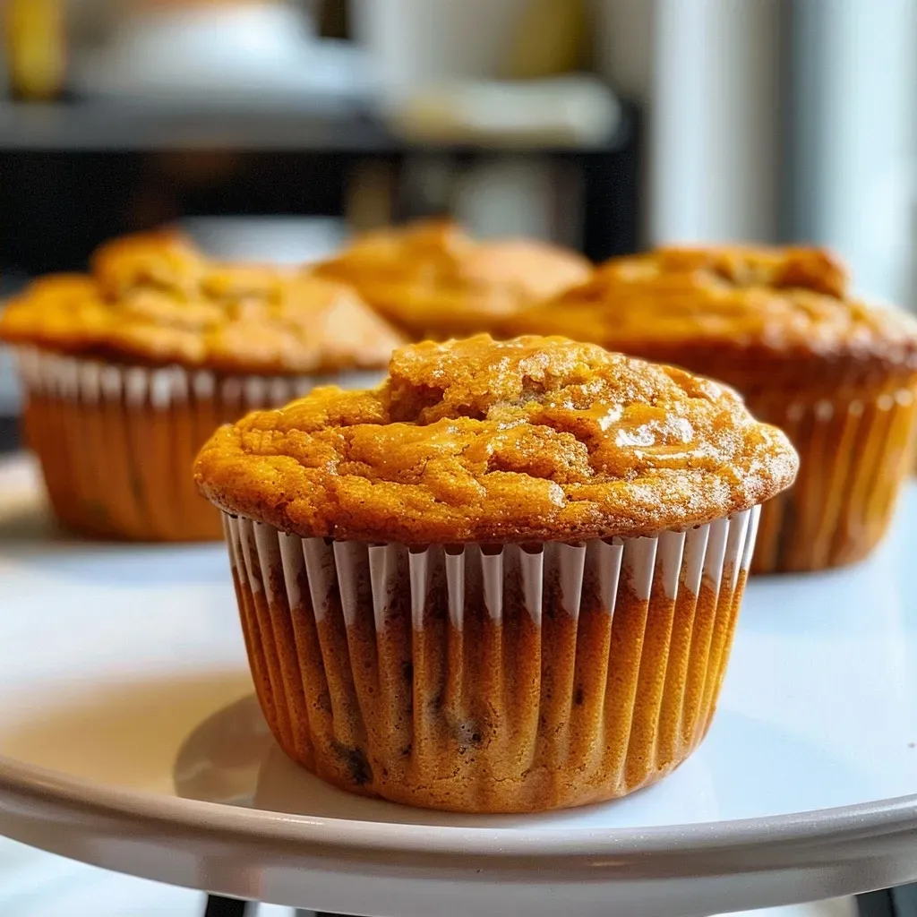 Side view of freshly baked low-carb Kürbis muffins with a rich pumpkin color and a slightly glossy surface.