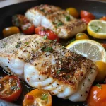 Close-up view of a Mediterranean fish dish in tomato herb sauce served in a pan.