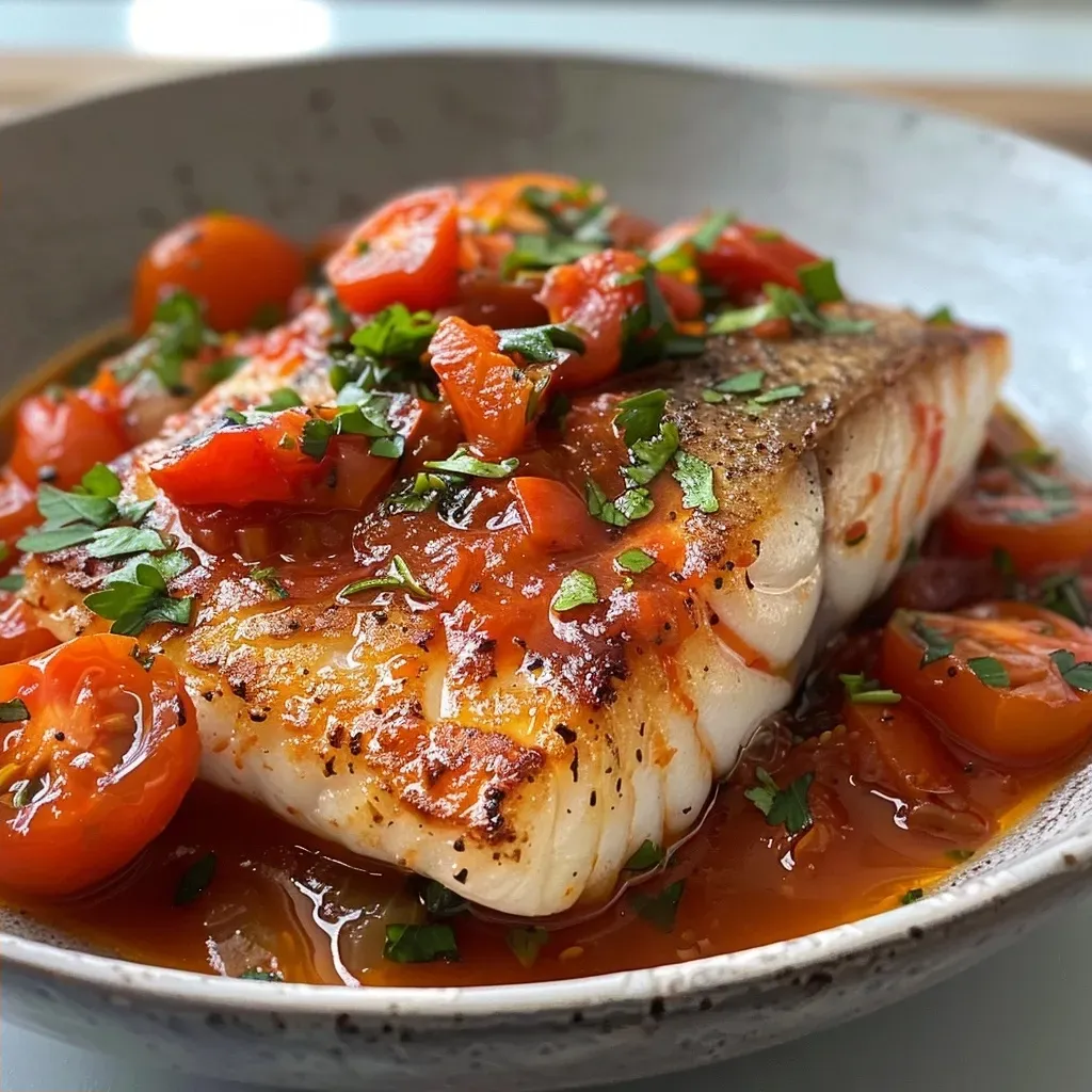 Side view of a colorful Mediterranean fish stew with herbs and tomatoes.