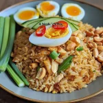 Close-up view of Indonesian Nasi Goreng, featuring colorful ingredients and garnishes.