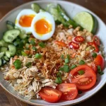 Close-up view of a plate of Nasi Goreng with chicken, topped with fried eggs and garnished with lime and vegetables.