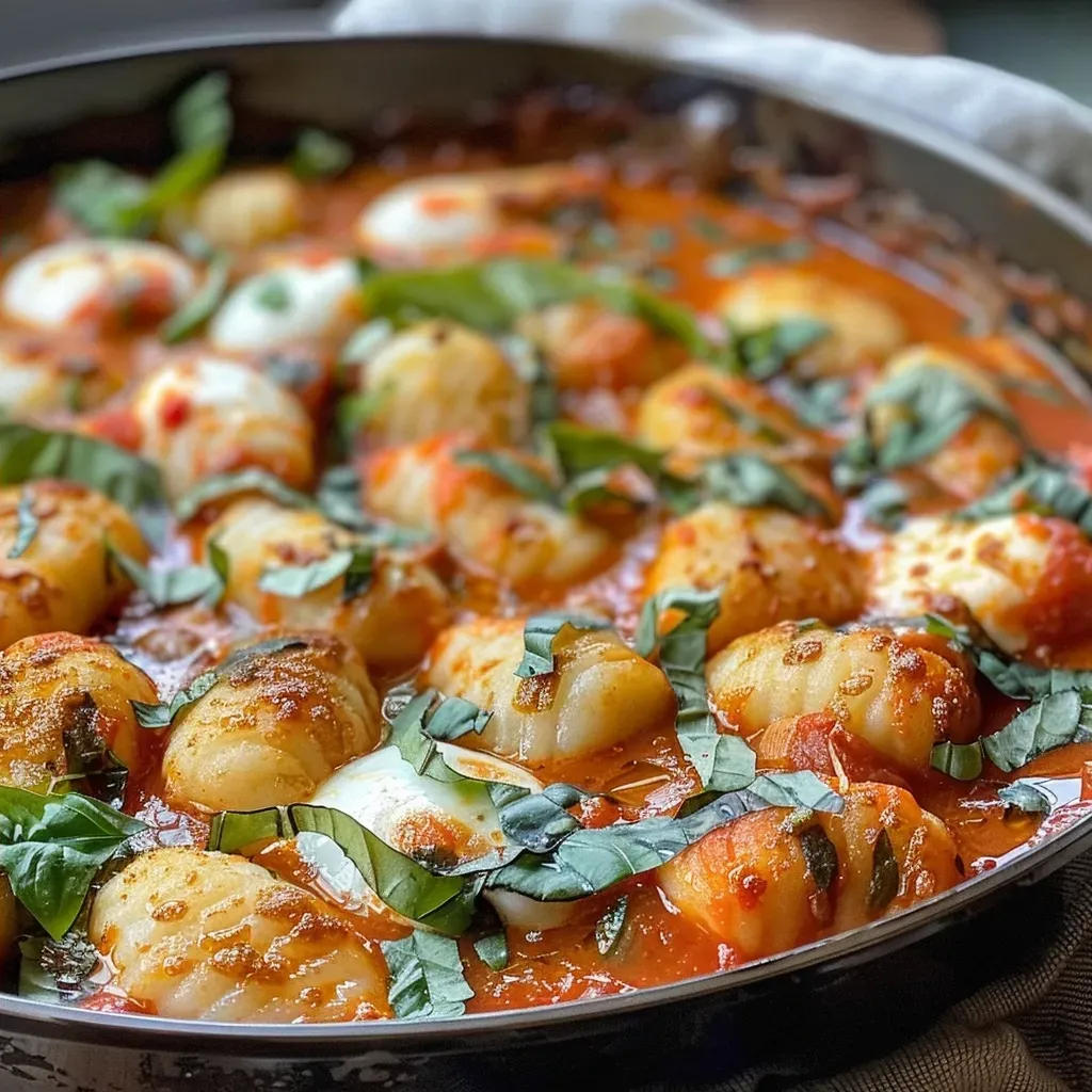 Side view of a plate filled with One Pan Gnocchi, featuring fresh basil and a glossy tomato sauce.