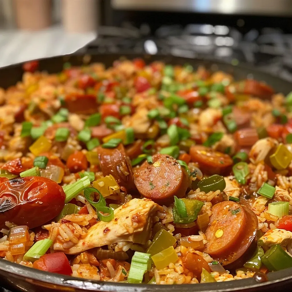 Close-up view of a colorful One Pan Jambalaya, featuring vibrant vegetables and sausages.