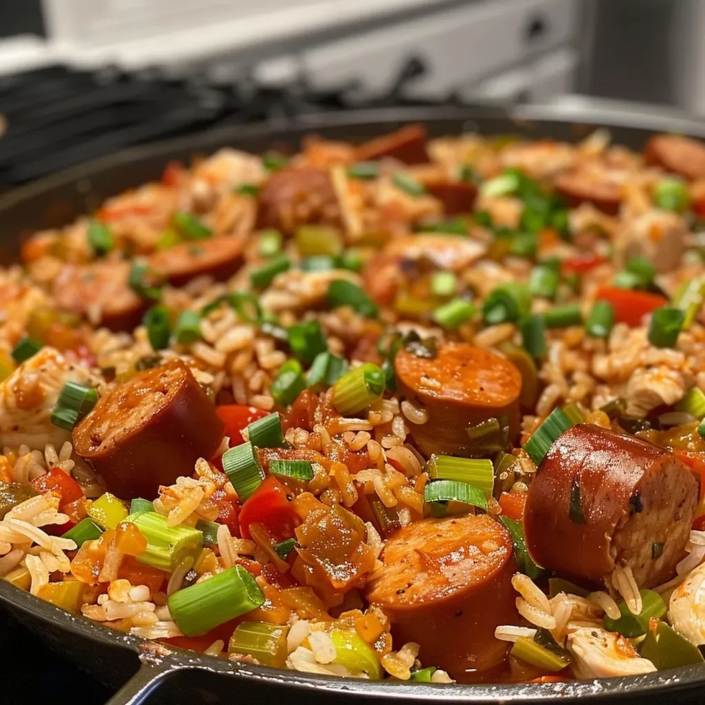 Side angle image of a delicious One Pan Jambalaya with rice, chicken, and spices.