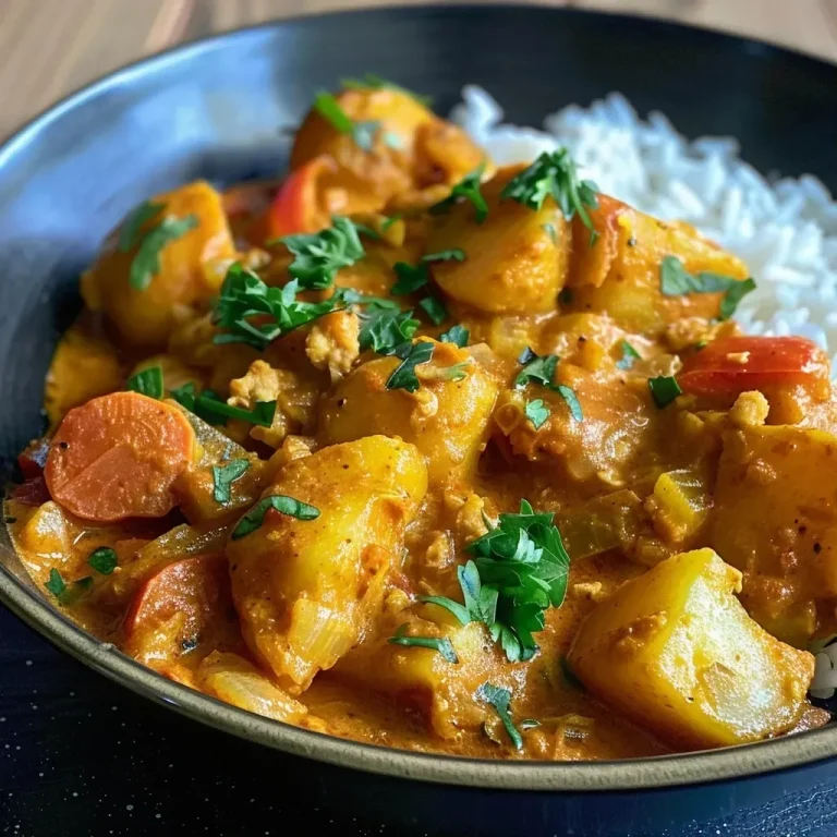 Close-up view of a vibrant One Pot Blumenkohl Curry with colorful veggies.