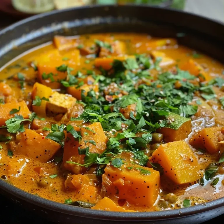 Close-up view of a creamy pumpkin curry served in a bowl, garnished with fresh cilantro.