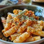 Close-up view of a creamy One Pot Kürbis Pasta with vibrant orange hues and garnishes.