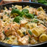 Close-up view of a bowl of One Pot Lachs Pasta featuring salmon and shell pasta.