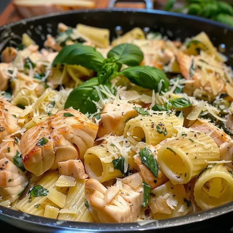 Close-up view of a creamy One Pot Lachs Pasta with diced salmon and shell pasta.
