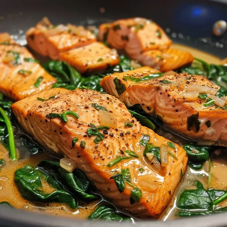 A close-up view of a dish featuring salmon and spinach in a creamy sauce.