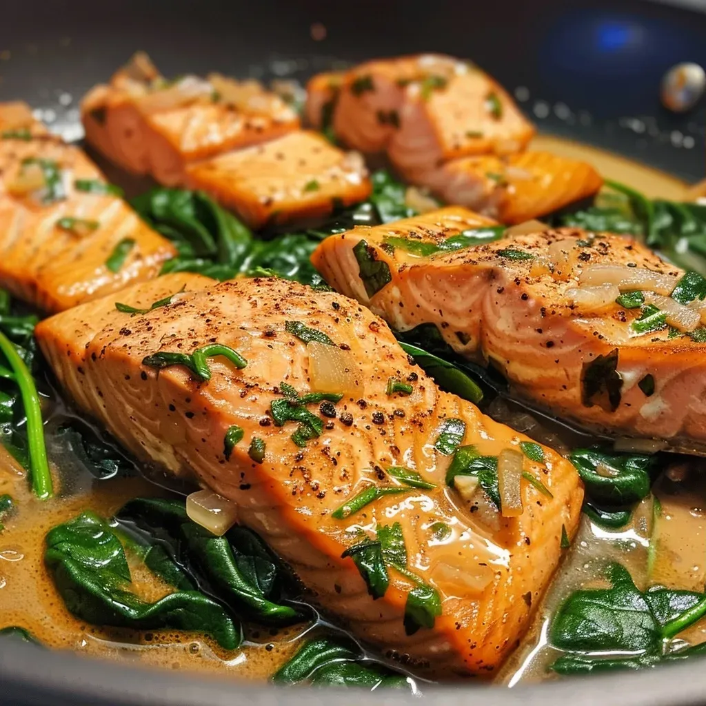 A close-up view of a dish featuring salmon and spinach in a creamy sauce.