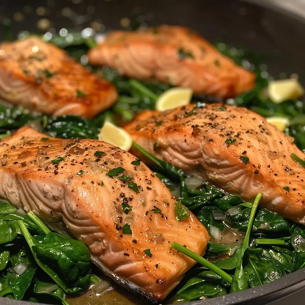 Juicy salmon pieces mixed with fresh spinach and creamy sauce in a bowl.