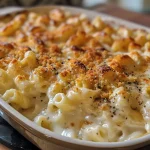 Close-up view of creamy macaroni and cheese in a white bowl.