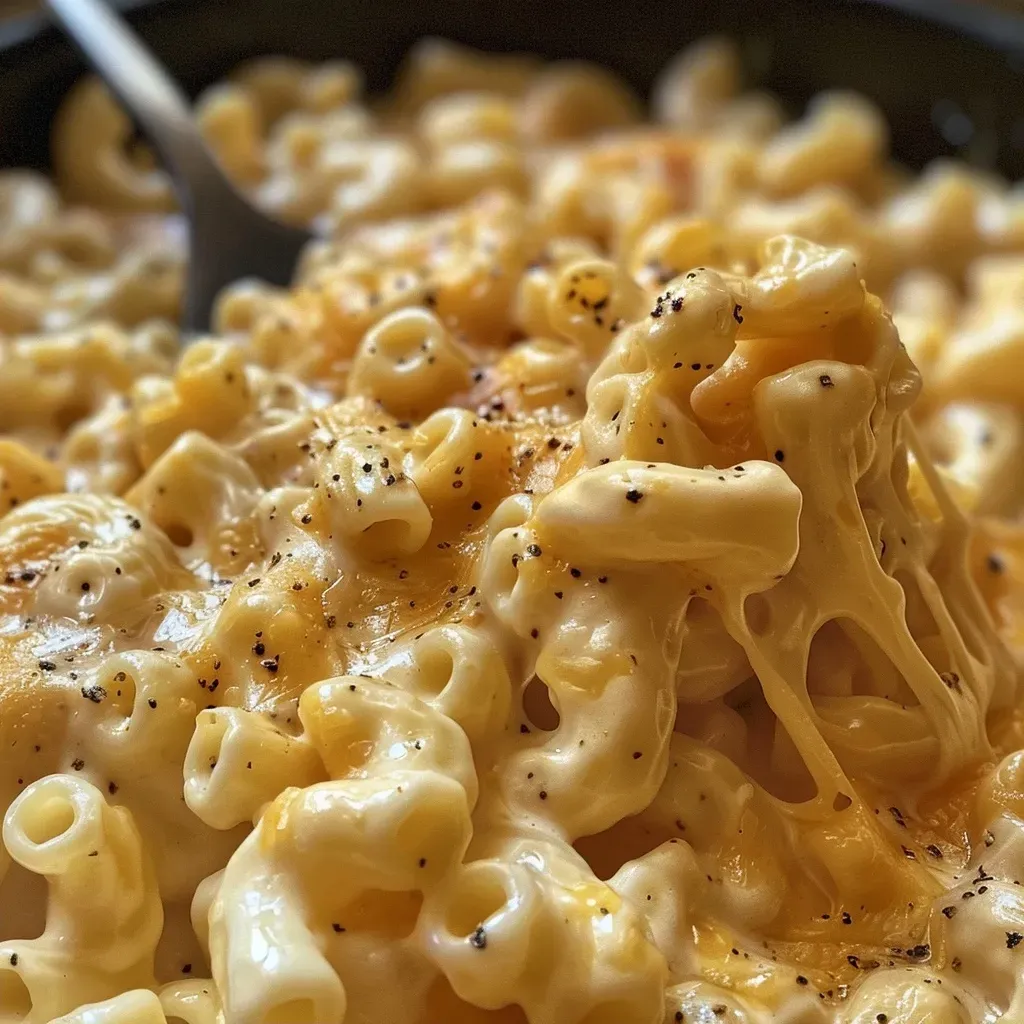 Side angle of One Pot Mac and Cheese with a rich, cheesy texture.