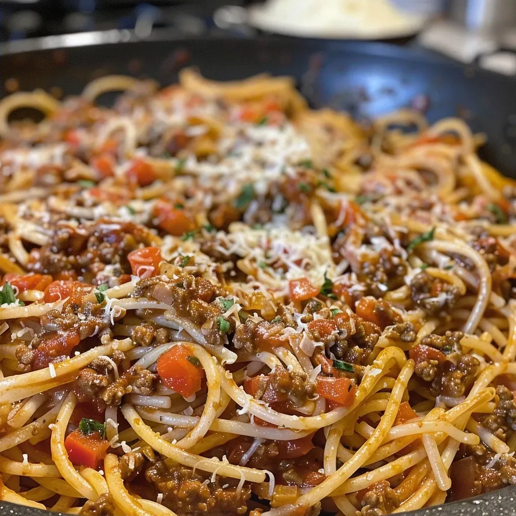 Side view of a serving of One Pot Pasta Bolognese with vibrant tomato sauce and herbs.