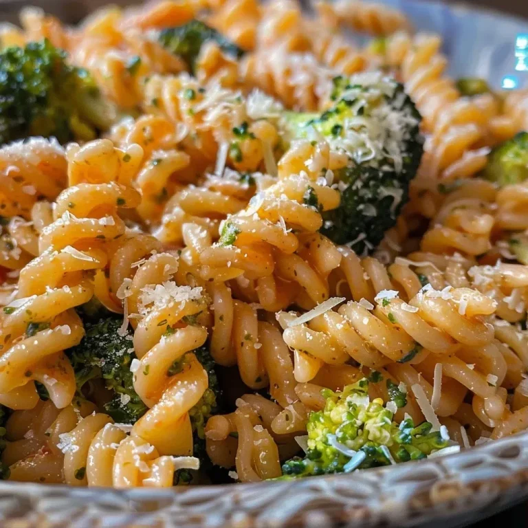 Close-up of creamy One Pot Pasta with broccoli and cheese.