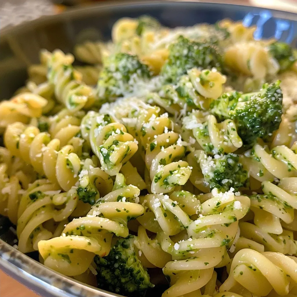 Side view of a bowl filled with One Pot Pasta featuring broccoli chunks.