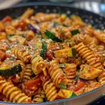 Close-up of vegetarian one pot pasta featuring vibrant red bell peppers and zucchini.