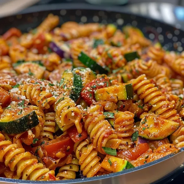 Close-up of vegetarian one pot pasta featuring vibrant red bell peppers and zucchini.
