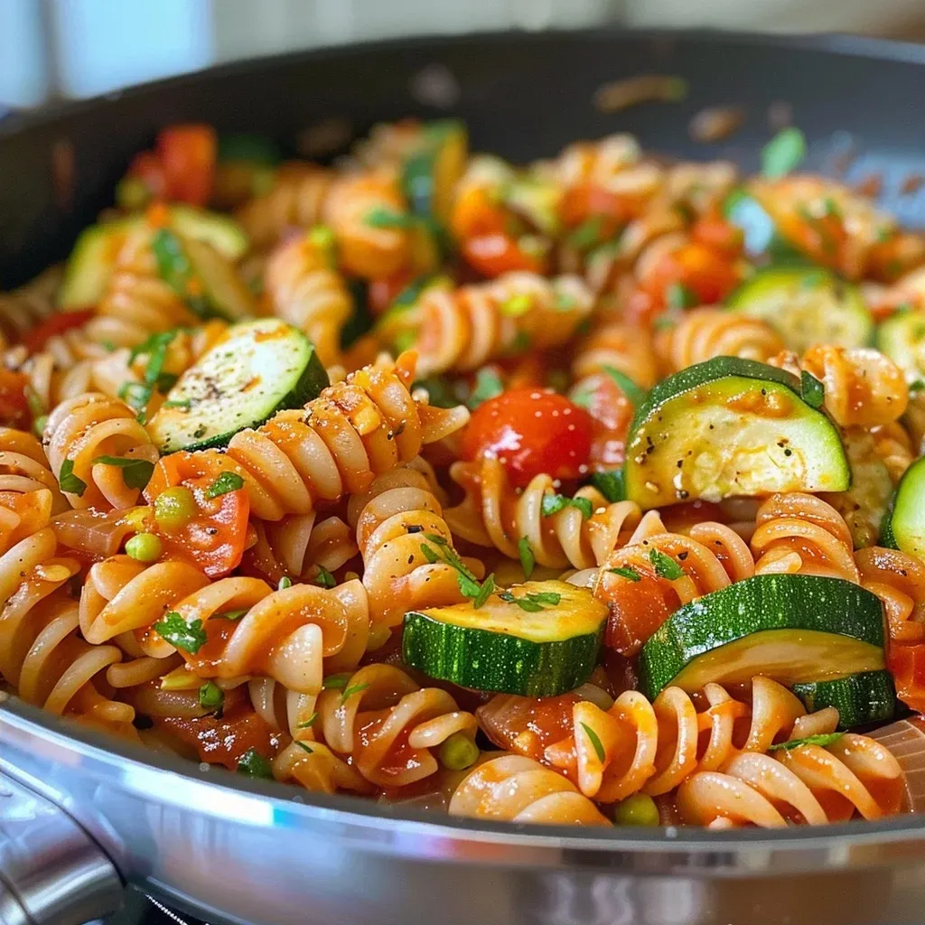 A side view of delicious vegetarian pasta with colorful vegetables and a creamy sauce.