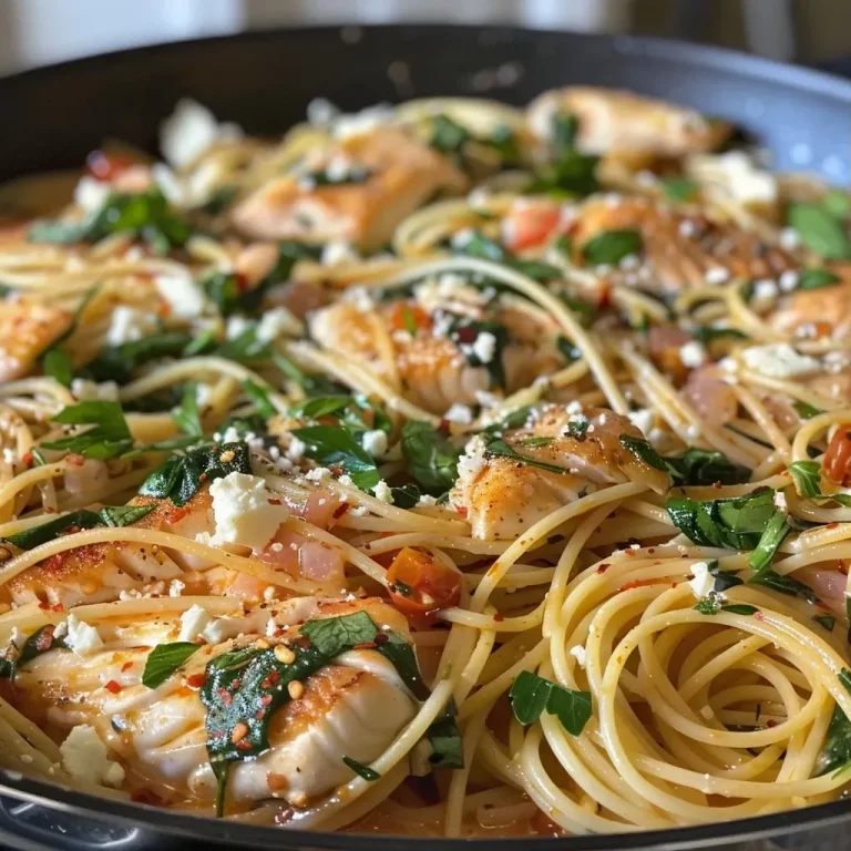 Die schnelle One-Pot-Spaghetti, die du lieben wirst A close-up shot of One-Pot Spaghetti with salmon and feta, showcasing vibrant colors and textures.