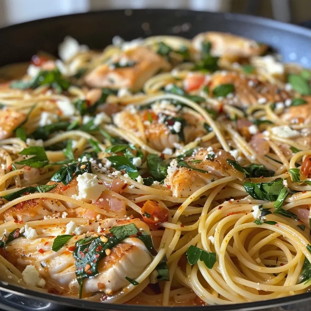 A close-up shot of One-Pot Spaghetti with salmon and feta, showcasing vibrant colors and textures.