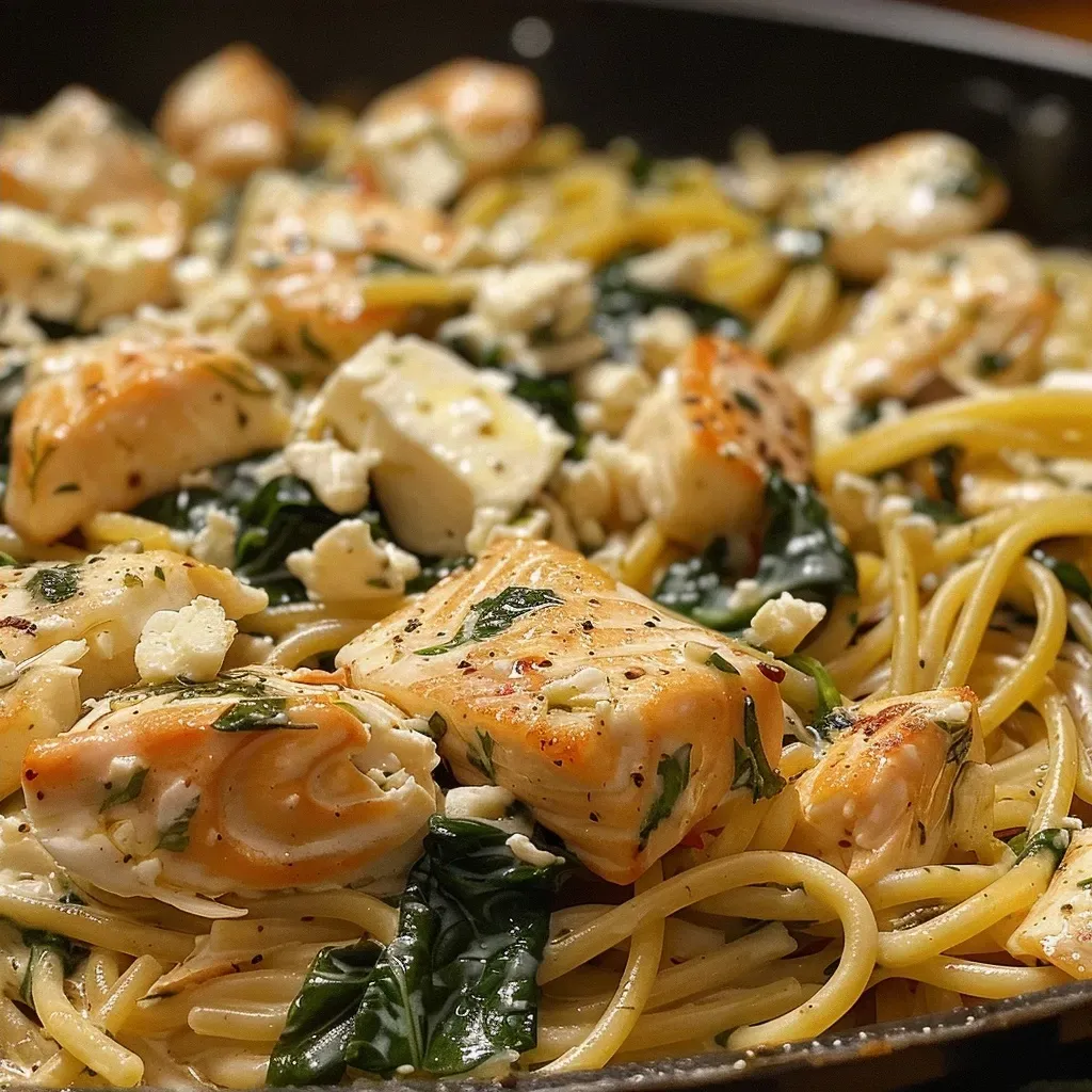 A side view of One-Pot Spaghetti featuring chunks of salmon, crumbled feta, and fresh spinach, captured in detail.