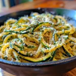 A close-up view of a serving of One-Pot Zucchini Pasta, showcasing the fresh zucchini and pasta.