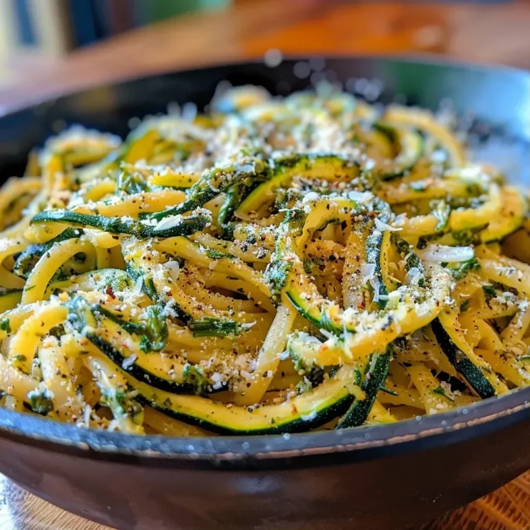 A close-up view of a serving of One-Pot Zucchini Pasta, showcasing the fresh zucchini and pasta.
